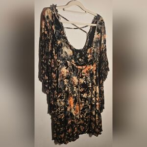 Free People Floral Split-Neck Tunic in Black, Orange and Cream